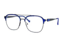 A pair of square metal eyeglasses with a dark gray frame, vibrant blue brow bar and nose pads, and blue temple tips, shown on a plain white background.