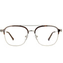 A pair of aviator-style eyeglasses with a thin double bridge, clear lenses, and tortoiseshell acetate frames with silver metal rims, shown against a plain white background.
