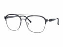 A pair of dark gray metal eyeglasses with a double bridge and clear lenses, shown from a three-quarters angle on a plain white background.