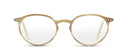 Light brown-framed eyeglasses on a white background