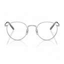 Round metal eyeglasses with a thin silver frame and clear lenses, displayed on a clean white background with a soft reflection below.