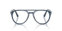 Blue-framed eyeglasses on a white background