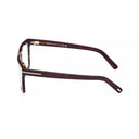 A pair of square-framed eyeglasses with dark brown tortoiseshell acetate arms and temples, shown from a side profile view against a plain white background.