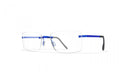 Rimless glasses with blue temples on a white background