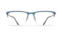 Blue and brown eyeglasses on a white background