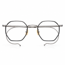 A pair of metal eyeglass frames , featuring a silver outer frame and thin silver inner metal bars. 