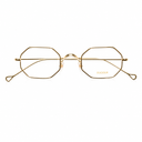 Front angle of gold framed eyeglasses on a white background. 