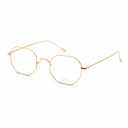 Gold metal eyeglasses with an octagonal geometric frame and thin temples, shown on a clean white background.