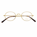 Metal eyeglass frames with thin gold rims and tortoiseshell temple arms, shown on a plain white background. 