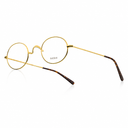 Round metal eyeglasses with thin gold-tone rims and dark tortoiseshell temple arms, shown on a plain white background.