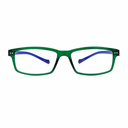 Green rectangular eyeglasses with clear lenses and blue inner temple arms, shown against a plain white background.