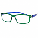 Rectangular eyeglasses with a translucent green front frame, blue inner temple arms, and clear lenses, shown on a plain white background.