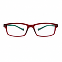 Rectangular eyeglasses with red and green frame on a white background. 