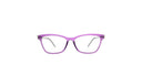 A pair of eyeglasses with a translucent purple acetate frame and clear lenses, shown against a plain white background.