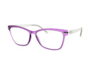 A pair of cat-eye eyeglasses featuring a translucent purple front frame and white temples, shown against a plain white background.