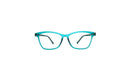 A pair of cat-eye eyeglasses with a translucent turquoise blue frame and clear lenses, shown against a plain white background.