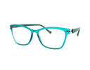 A pair of cat-eye style eyeglasses with a translucent turquoise-blue frame and dark gray temples, shown against a plain white background.