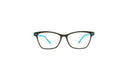 A pair of eyeglasses with a dark brown cat-eye frame and bright blue temple tips, shown against a plain white background.