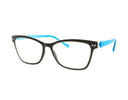 A pair of cat-eye eyeglasses with a brown acetate frame and bright blue temple tips and inner arms, shown on a plain white background.