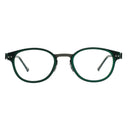Oversized round eyeglasses with a translucent dark green acetate frame and a thin dark metal bridge, shown against a plain white background.