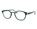 Round eyeglasses with a dark green translucent acetate frame and a thin black metal bridge, shown against a plain white background.