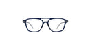A pair of square-framed eyeglasses with a dark navy blue acetate frame and clear lenses, shown against a plain white background.