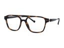 A pair of square-framed eyeglasses with a dark brown and amber tortoiseshell acetate front and slim black temples, shown on a plain white background.