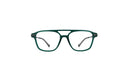 A pair of square-frame eyeglasses with a translucent dark green acetate frame and clear lenses, shown against a plain white background.