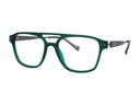 A pair of square-framed eyeglasses with a translucent dark green acetate front and matte gray temples, shown on a plain white background.
