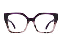 Purple and brown tortoiseshell eyeglasses on a white background