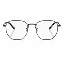 A pair of modern square eyeglasses with a thin black metal frame and clear lenses, shown against a plain white background.
