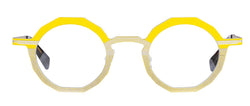Matttew circle and geometric eyewear - half yellow , half stripped yellow frames - front photo