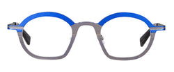 Matttew designer geometric eyewear - half blue, half striped silver frames - front photo