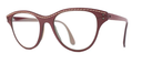 Pair of eyeglasses with a prune cat-eye frame on a white background