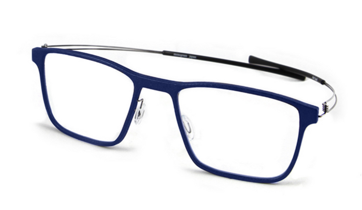 Monorgam Blue and flexible rectangle designer eyewear, side view.
