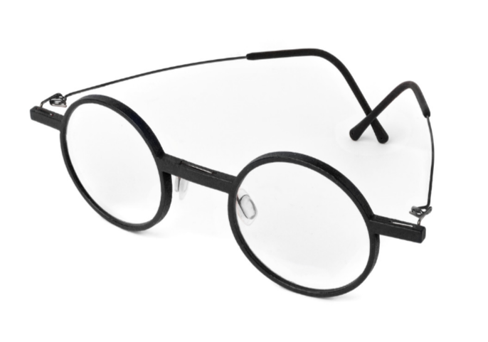 Black Round monogram designer eyewear, side view.