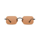 Sunglasses with a tan frame and dark lenses on a white background