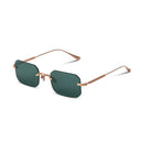Rimless square sunglasses with dark green lenses and a thin rose gold metal frame, shown on a clean white background.