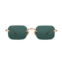 Rimless square sunglasses with dark green lenses and a thin rose gold metal frame, shown against a plain white background.