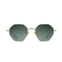 Hexagonal sunglasses with dark green lenses and a thin gold metal frame, shown against a plain white background.