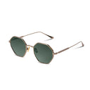 Side angle of silver sunglasses with dark lenses on a white background. 