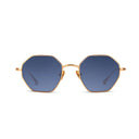 Front angle of hexagonal sunglasses with blue lenses on a white background. 