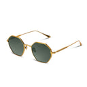 Side angle of gold sunglasses with dark lenses on a white background. 