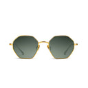 Front angle of gold sunglasses with dark lenses on a white background. 