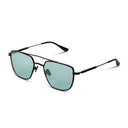 Sunglasses with black frame and reflective green lenses on a white background