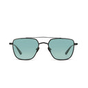 Matte black sunglasses with blue lenses on a white background. 