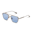 Silver framed sunglasses with light blue tinted lenses on a white background. 