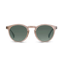Round sunglasses with a translucent blush pink frame and dark green lenses, shown from the front on a plain white background.