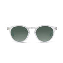 Round sunglasses with a translucent white frame and dark lenses, shown from the front on a plain white background.