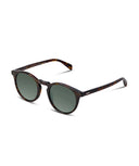 Round sunglasses with a dark brown and black tortoiseshell frame and dark green lenses, shown at an angle on a plain white background.